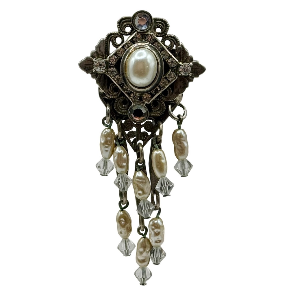 Sorrelli Vintage crystal pearl Dangle Brooch Pin Silver Tone‎ Elegant Chandelier